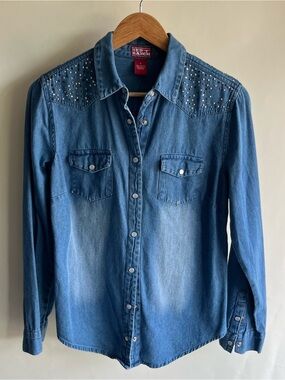 Red Ranch embellished Pearl snap denim shirt collared long sleeve blue sz sm euc